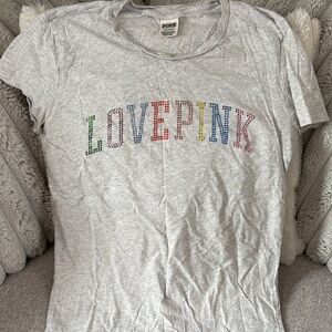 PINK Victoria's Secret Heather Gray Logo Tee with Rhinestones